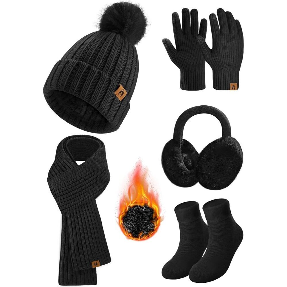 Women’s Winter 5-in-1 Knit Hat Scarf Gloves Earmuffs Socks Set Warm